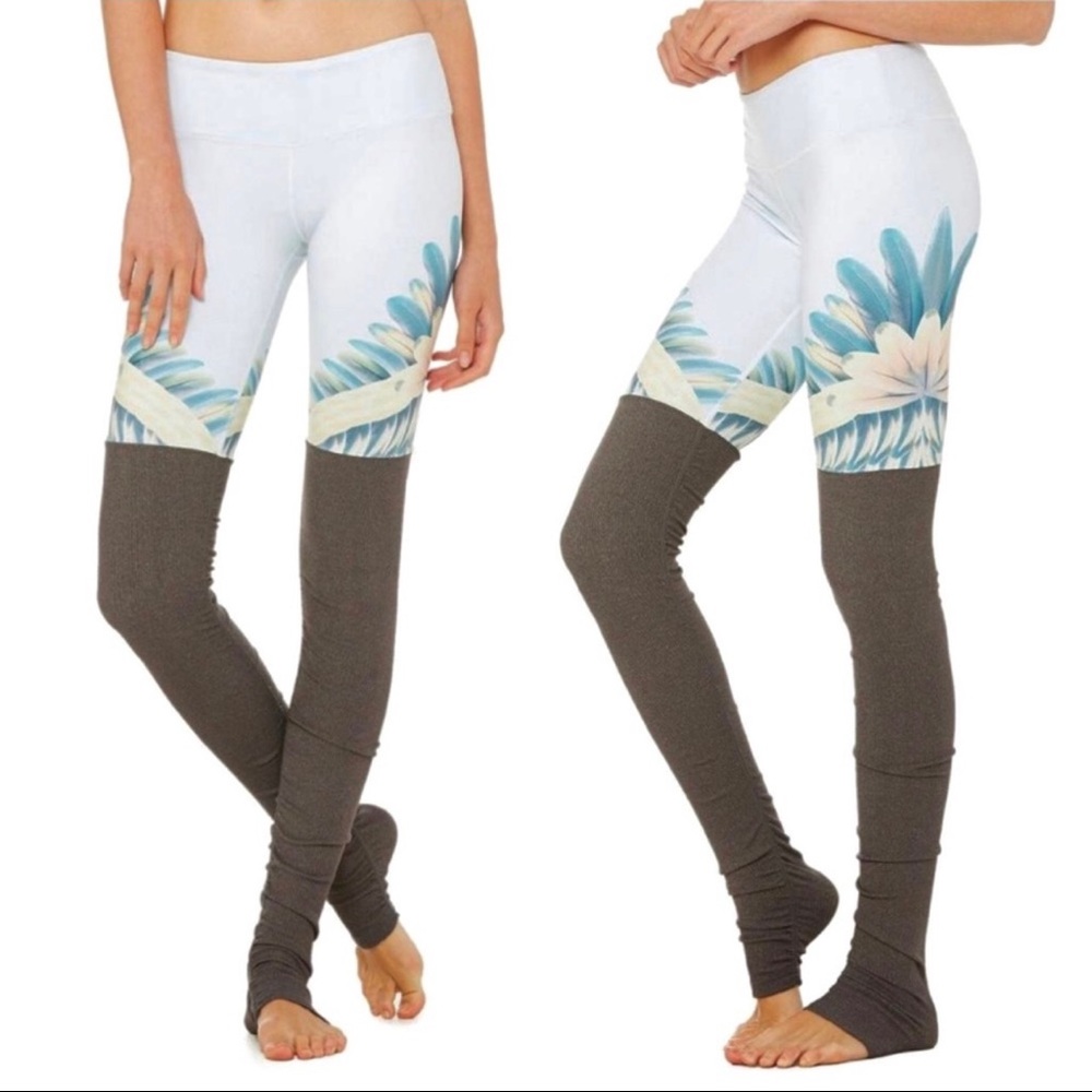 ALO Goddess Ribbed Leggings small blue tropical feathers